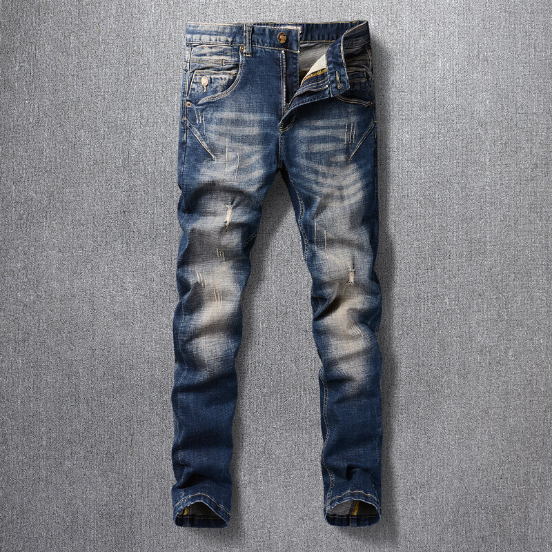Jeans vintage rasgado para homens, calças elásticas retrô, jeans elástico, slim fit, estilista emendado, preto e azul, na moda