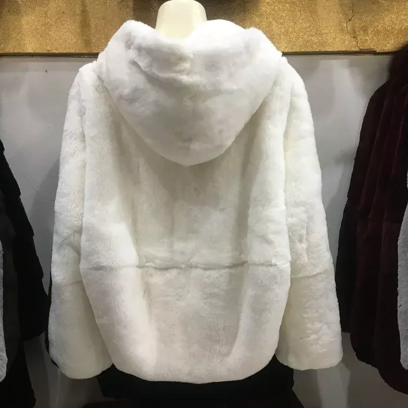 女性のための毛皮のコート,ルーズフィット,ウサギの毛皮のコート,カジュアル,暖かい,フード付き,女性のための本物の毛皮のジャケット
