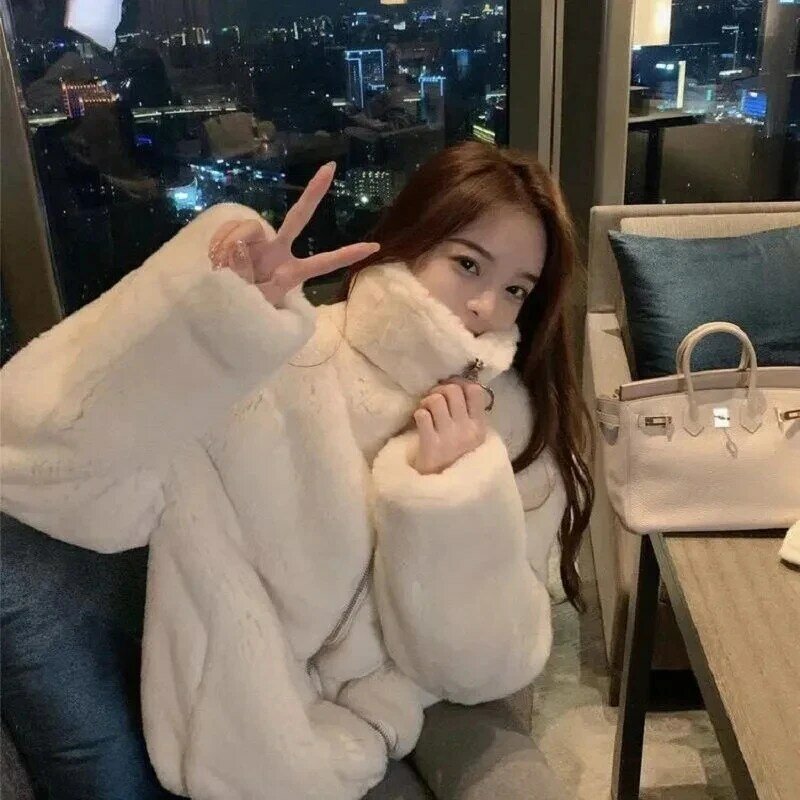 Gidyq เสื้อโค้ทสตรีท MODE Korea เสื้อขนเป็ดกระต่ายเทียม, เสื้อแจ็คเก็ตผ้ากำมะหยี่ขนหนาใส่สบายสำหรับฤดูหนาว