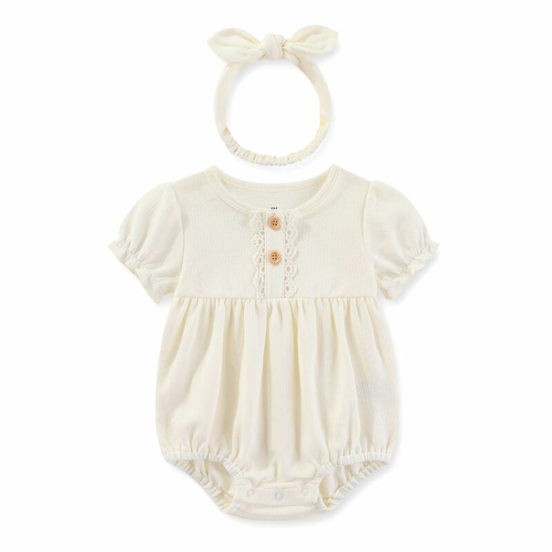 2pcs Baby Girl Romper 100% Cotton Ribbed Puff-sleeve Print Floral Romper & Headband Set