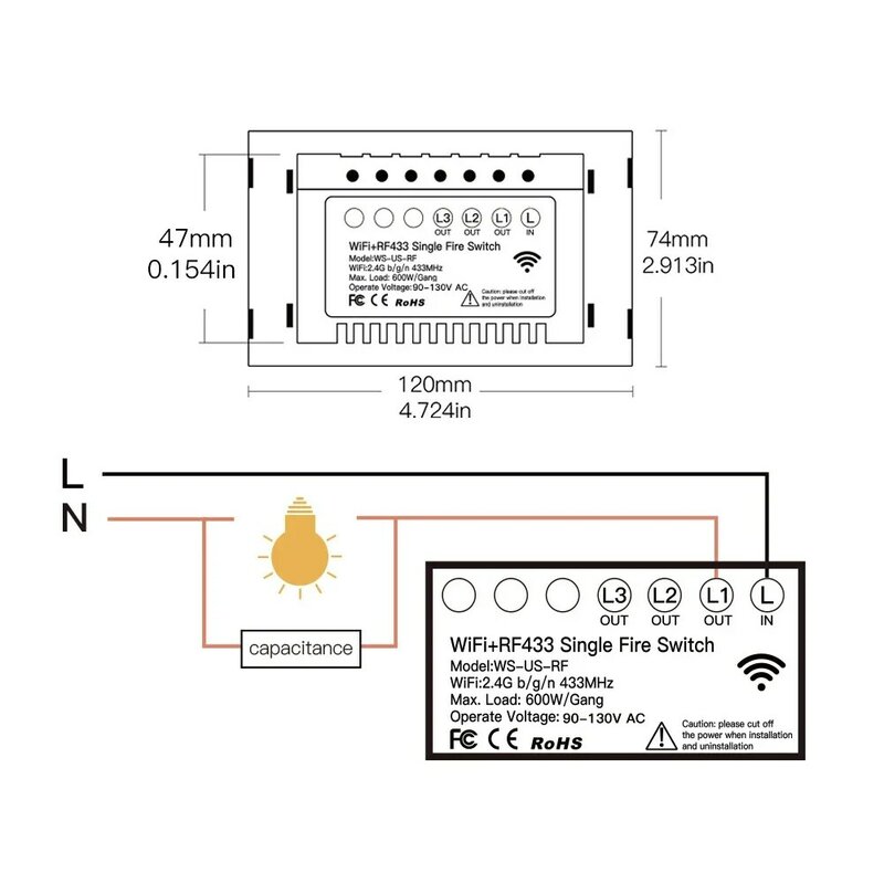 Interruptor de luz inteligente wi-fi rf433, sem fio neutro, one fire, smart life, controle app tuya, funciona com alexa, google home, 110v, 220v