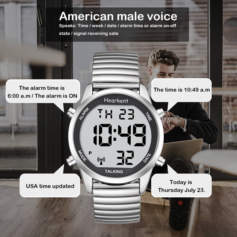 Gadający zegarek dla niedowidzących zegarków cyfrowych z wyświetlaczem LCD duże liczby dla osób starszych, niewidome zegarki na rękę z nylonowym paskiem