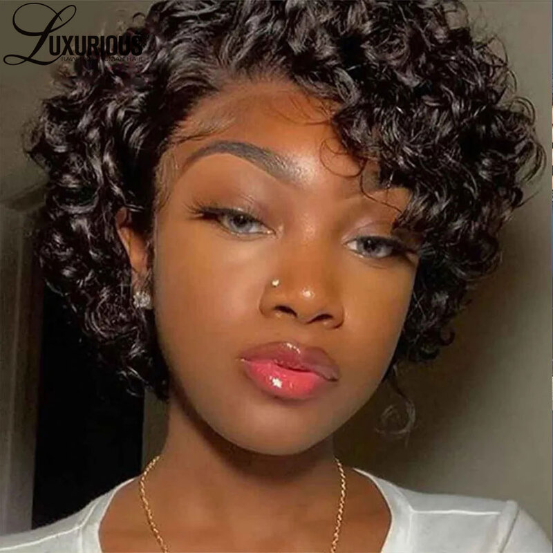 Short Pixie Cut Wigs Human Hair Black Color Water Wave Lace Frontal Wigs For Women 180% Density Brazilian Remy Hair Wigs 6 Inch