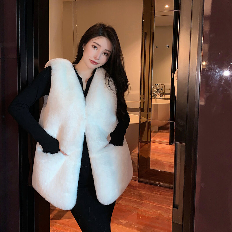 Manteau d'hiver en fausse fourrure pour jeune femme, fibres optiques chaudes, coupe longue et droite, glaCombb, mode, offre spéciale