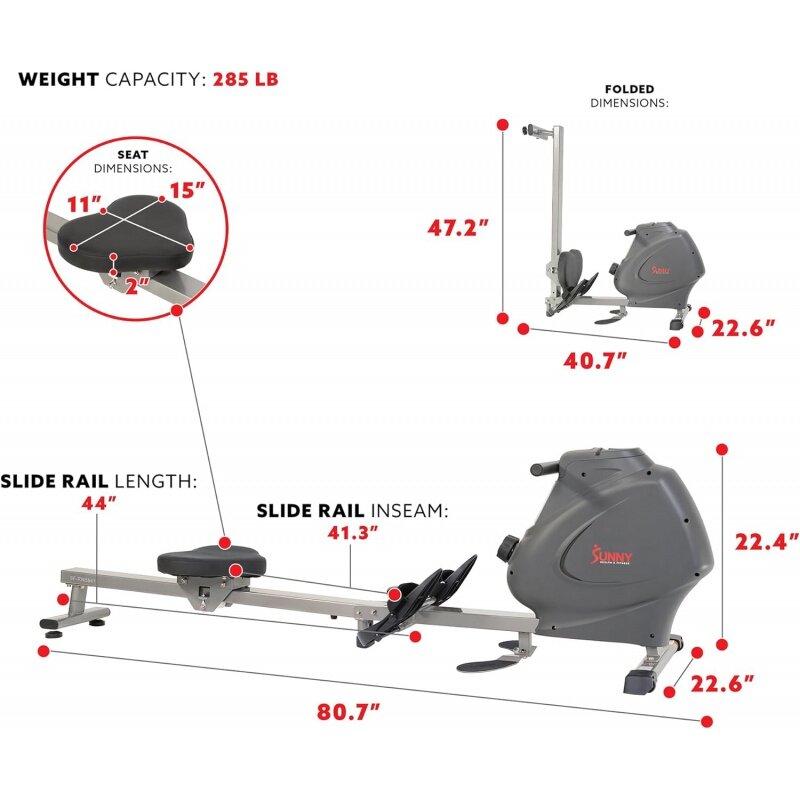 Sunny Health & Fitness Multi-Function Premium Magnetic Rowing Machine, Bicep Curls, Upward Rows, Seated Rows, Foldable Slide
