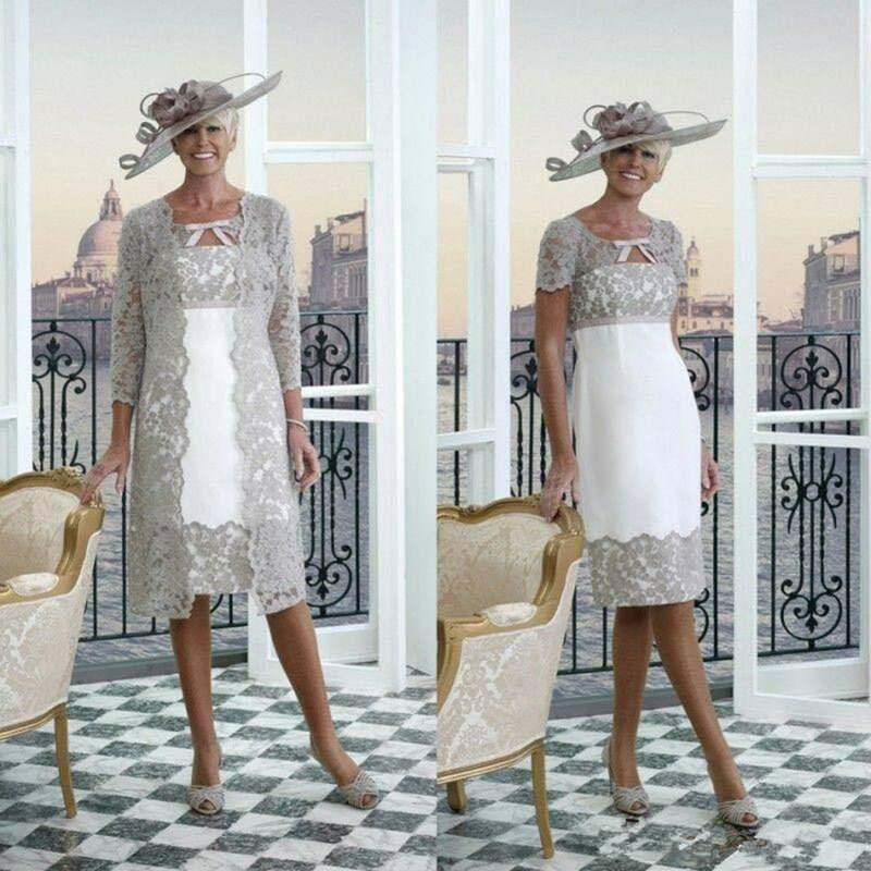 Lace Mother of the Bride Dresses 2 Pieces Scoop Neck Short Sleeves Mother's Dresses Formal Wedding Guest Gowns