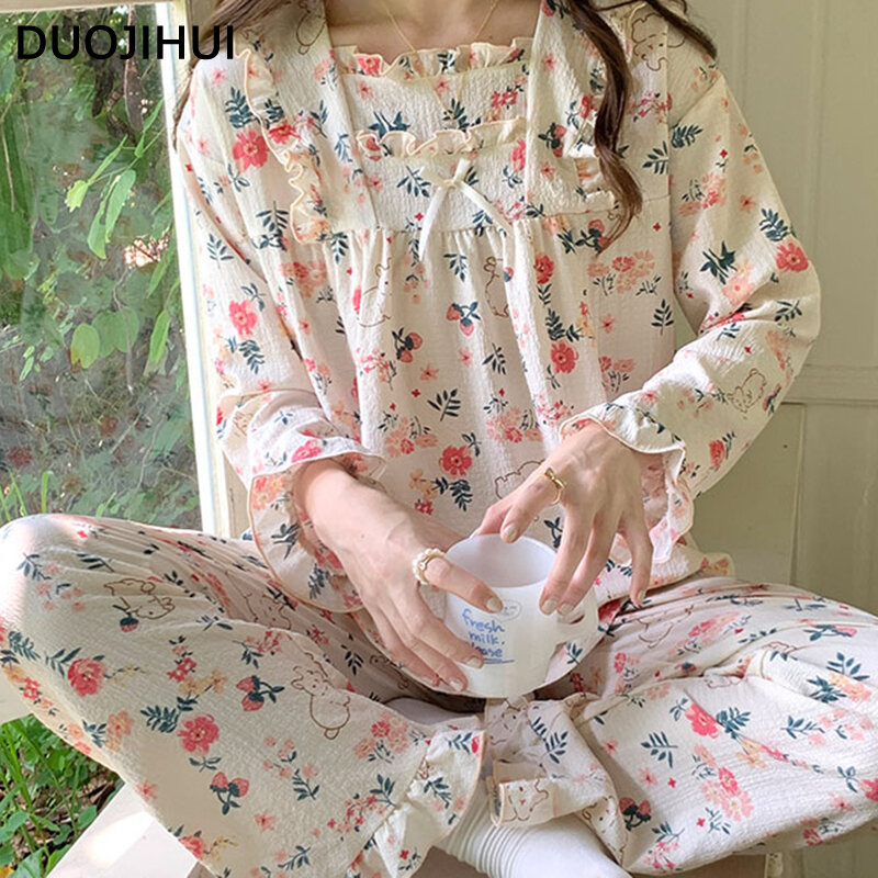 DUOJIHUI-2-Piece Conjunto de pijamas de impressão floral para mulheres, babados doces, arco chique, solto, 8 cores, moda feminina, outono, novo