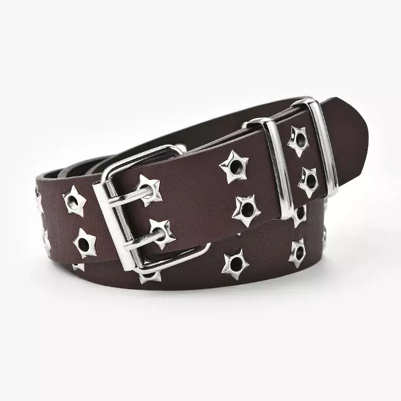 Cinturón de cadena de estilo Punk para hombres y mujeres, hebilla de doble botonadura de estrella hueca ajustable, hebilla de Metal, pretina de cuero para Jeans, moda
