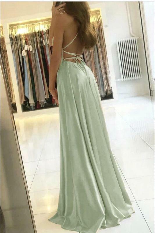 Ladies Blue A-line Long Satin Evening Dresses For Women 2023 Simple Spaghetti Straps Sexy Slit Wedding Prom Party Gowns Vestidos