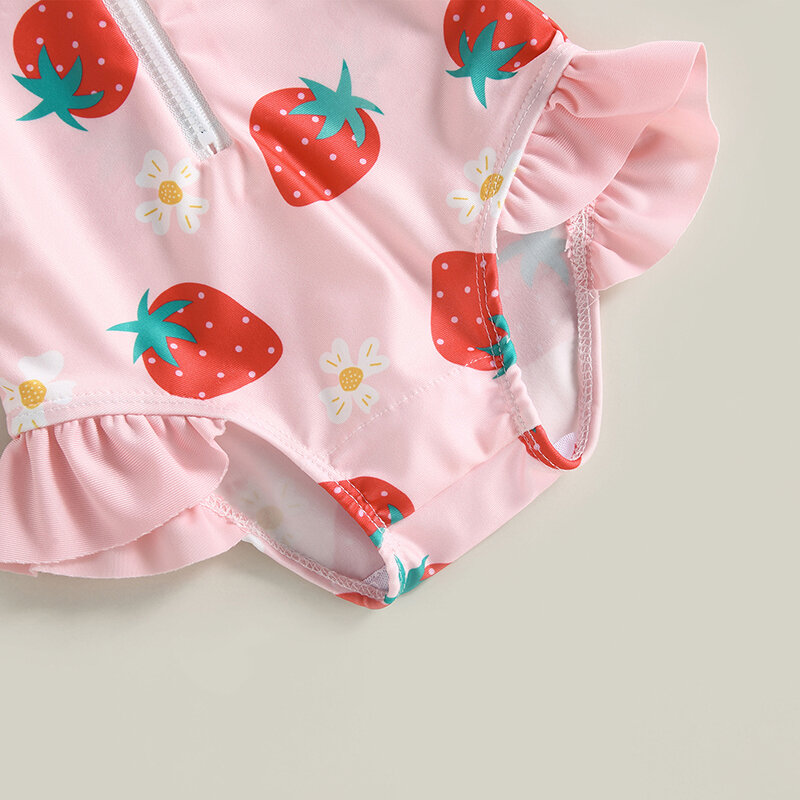 VISgogo dziewczynka wysypka straż kostium kąpielowy zestaw lato nadruk truskawek kostium kąpielowy z długim rękawem + czapka przeciwsłoneczna niemowlę noworodek strój kąpielowy