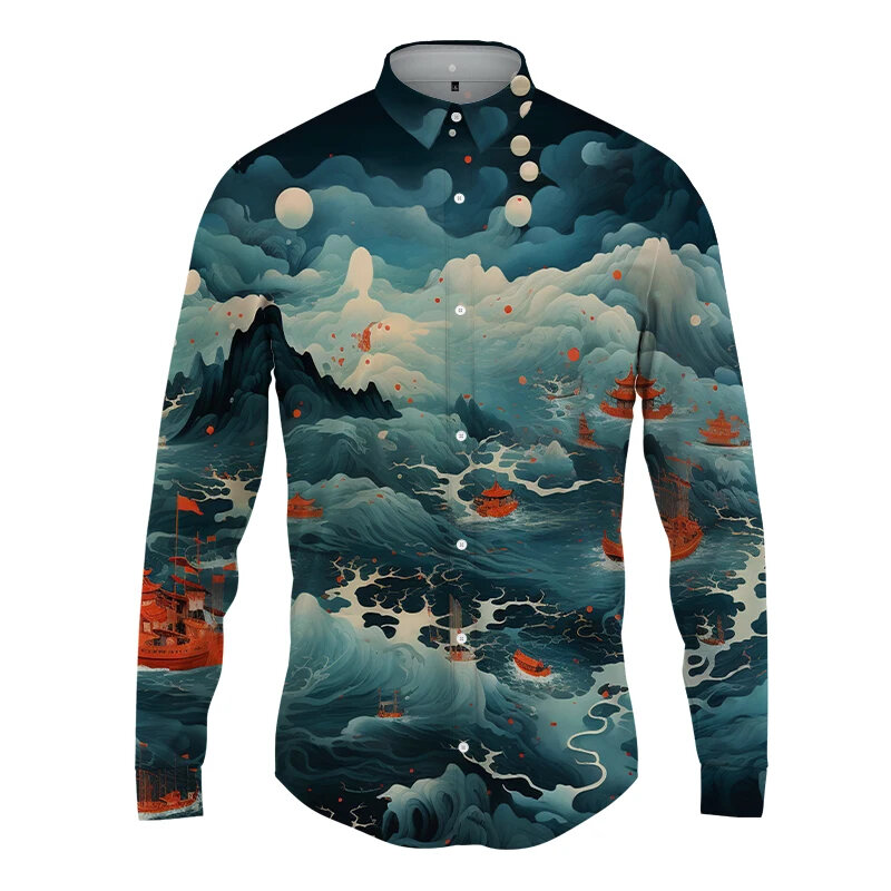 Mode Heren Nieuwe Designer 3d Bedrukt Heren Overhemd Revers Grote Maat Casual Print Lange Mouwen Shirts Streetwear T-Man Shirt