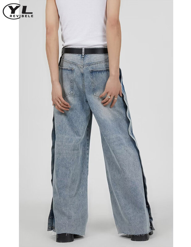 جينز بفتحة مغسول للرجال ، بنطلون جينز فضفاض بالأسى البسيط في الولايات المتحدة ، بنطلون بساق واسعة عتيقة للشارع ، الربيع ، الصيف