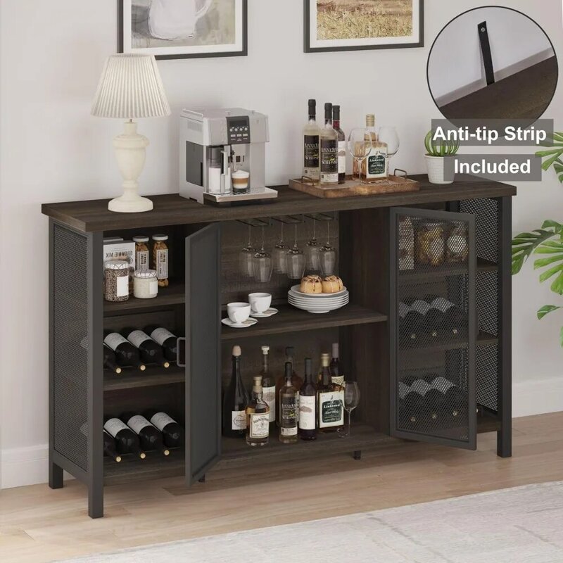 Wine Bar Cabinet for Liquor and Glasses, Industrial Coffee Cabinet, Farmhouse Aparador e Buffet Cabinet com Armazenamento