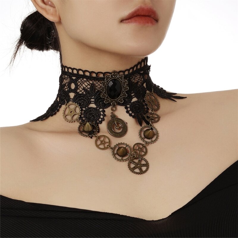Colar gótico feminino preto chocker pulseira colar corrente bordada renda