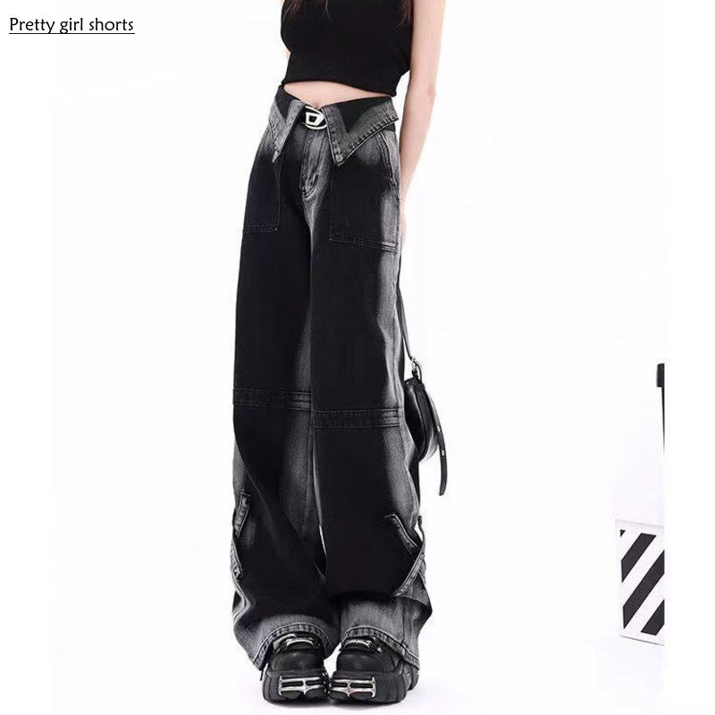 2024 New Spring/summer Design Sensation Color Block Stripe Spicy Girl Wide Leg Jeans Women's Retro Small and Popular Loose Jeans