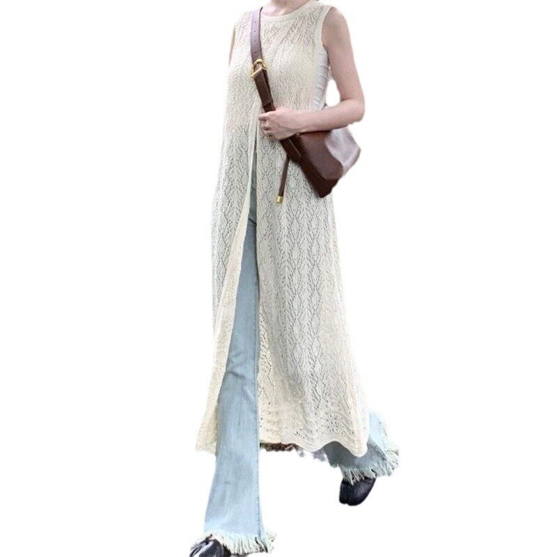 Hollow Vest Two-wear Knitted Slit Dress Women's Early Autumn Layered Holiday Long Blouse Sweater Skirt
