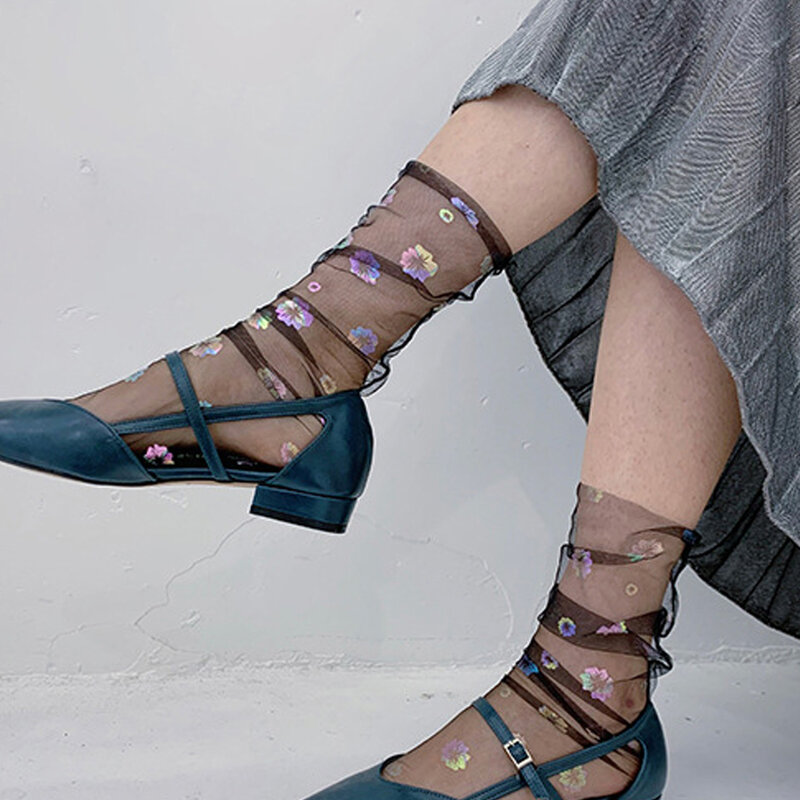 Прозрачные женские блестящие шифоновые модные сетчатые носки с цветами Чулочные изделия нейлоновые тюлевые носки