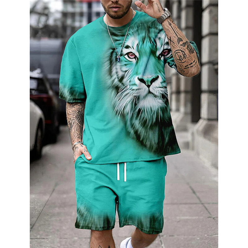 동물 프린트 남성용 티셔츠 세트, O-넥 반팔 상의 및 반바지, 일상 거리 통근자 캐주얼 웨어, 여름 패션