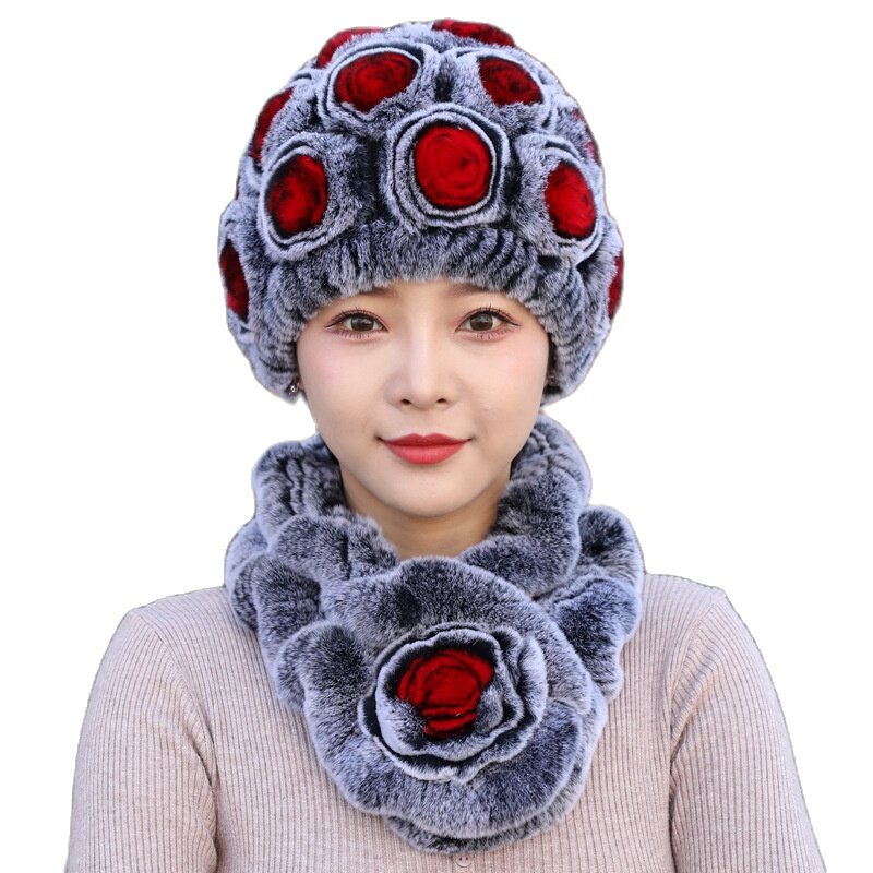 Hot Sale New Women Winter Fur Hat Scarf Sets Natural Warm Real Rex Rabbit Fur Cap Scarves Lady Knitted Genuine Fur Hats Muffler