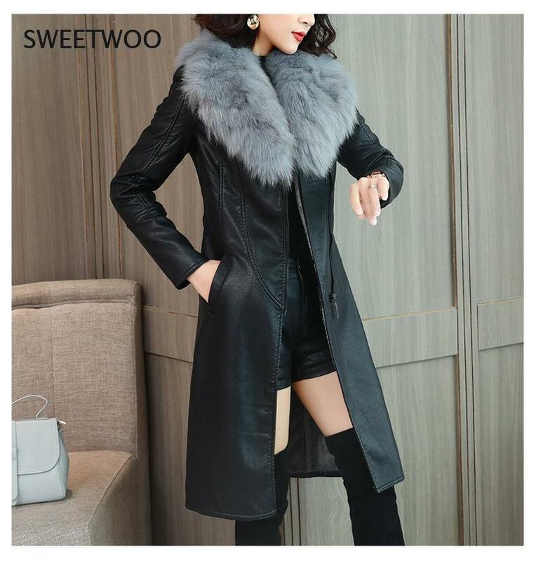 Зимняя женская кожаная куртка, новинка 2022, бархатное теплое облегающее длинное кожаное пальто с большим меховым воротником, женская верхняя одежда