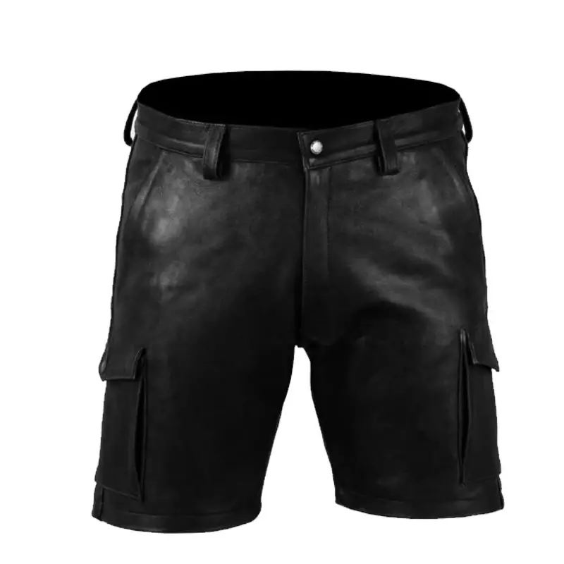 Мужские шорты-карго из натуральной воловьей кожи, черные шорты-карго с карманами и поясом, мужские шорты, 2023