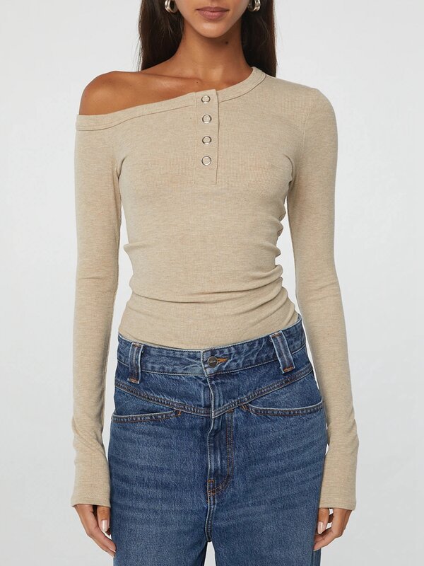 Camicie Henley da donna una spalla manica lunga tinta unita Button Down Crop top t-shirt Slim Fit
