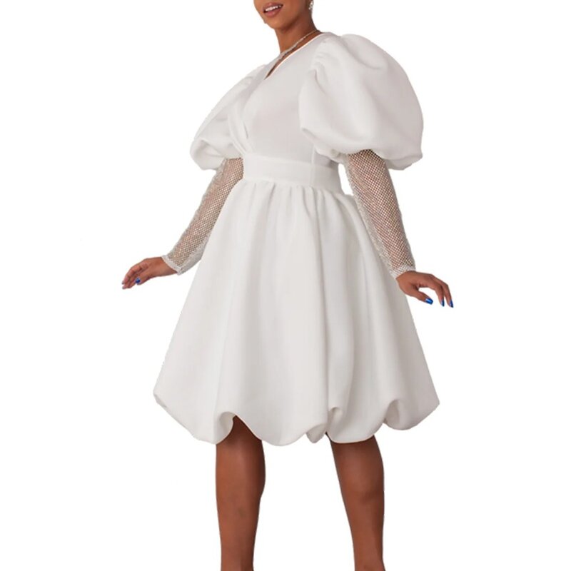 2024 Elegant Africa Wedding Party Dresses for Women Summer V-neck Long Sleeve Polyester White Red Evening Dress Africa Clothing