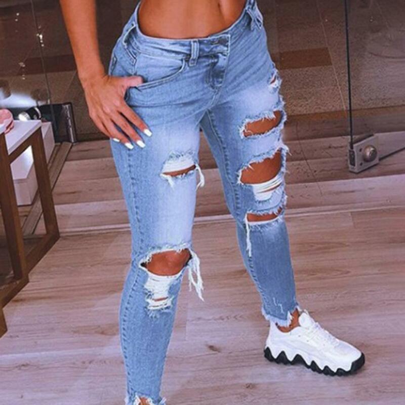 Pantaloni alla moda chiusura con cerniera lavabile donna fori strappati Jeans Skinny Jeans donna Skin-friendly