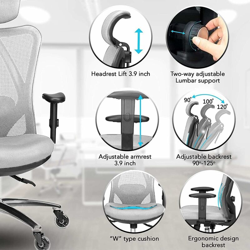 사무실 의자-허리 지지대 및 휠 슬라이더가 있는 조절식 책상 의자, 통기성 메쉬 사무실 가구