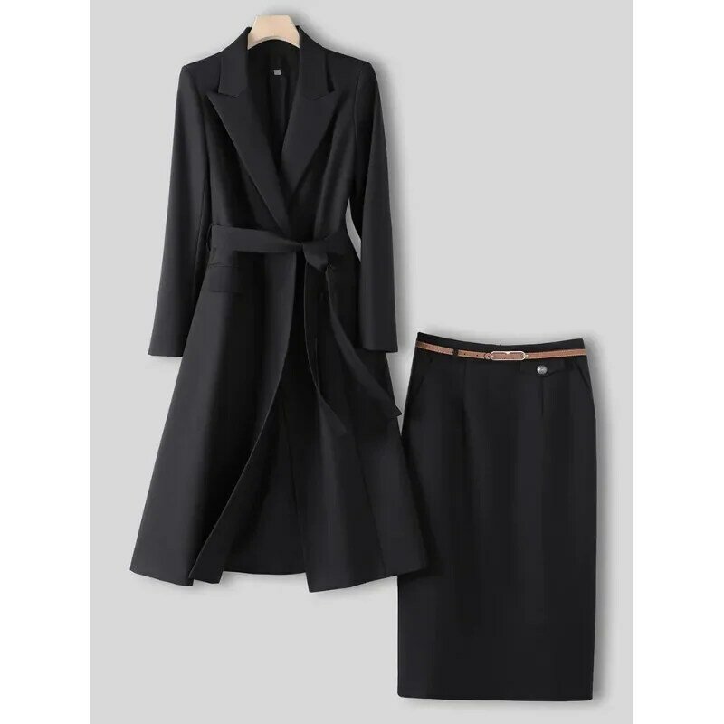 Traje de falda de oficina para mujer, conjunto Formal de dos piezas de manga larga, negro, azul y marrón, ropa de trabajo de negocios para Otoño e Invierno
