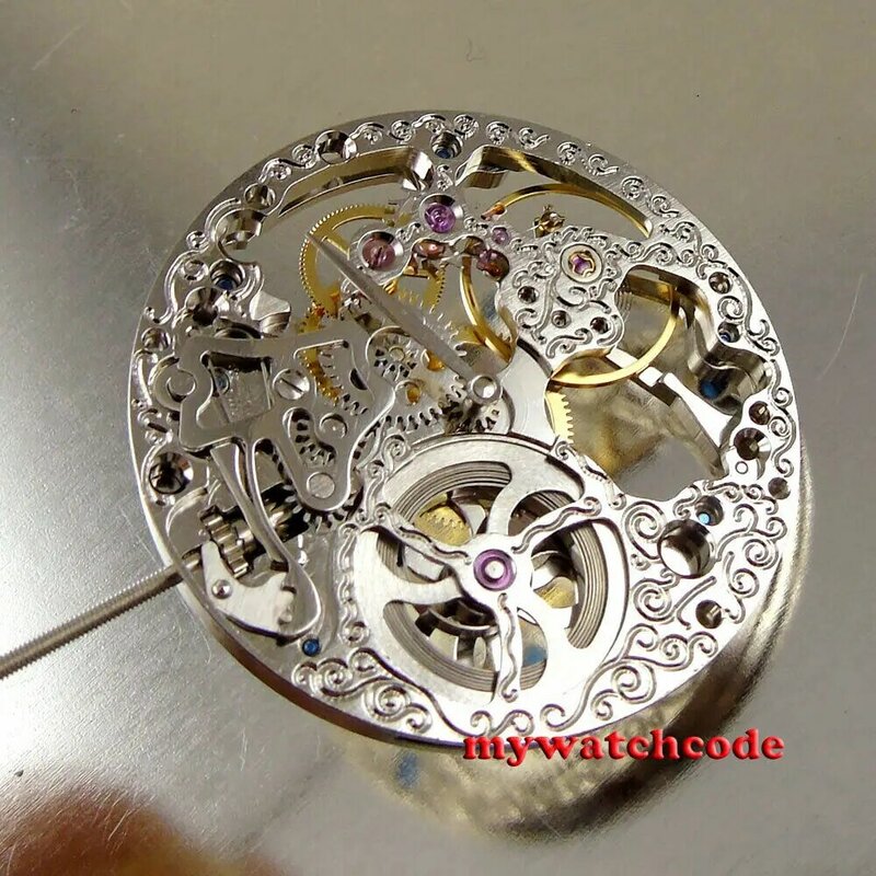 Relógio mecânico prata esqueleto, 17 Jewels Movement Fit, Enrolamento manual, 6498