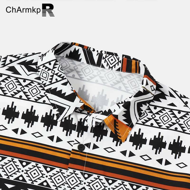 2024 ChArmkpR 여름 티셔츠, 남성 의류, 패션 상의, 에스닉 프린트 반팔 셔츠, 캐주얼 스트리트웨어 S-2XL