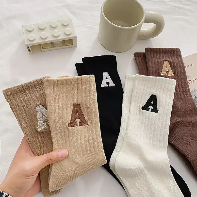 Calcetines cálidos Kawaii con letras A para mujer, estilo coreano, moda, Color sólido, Harajuku, Unisex, Otoño e Invierno
