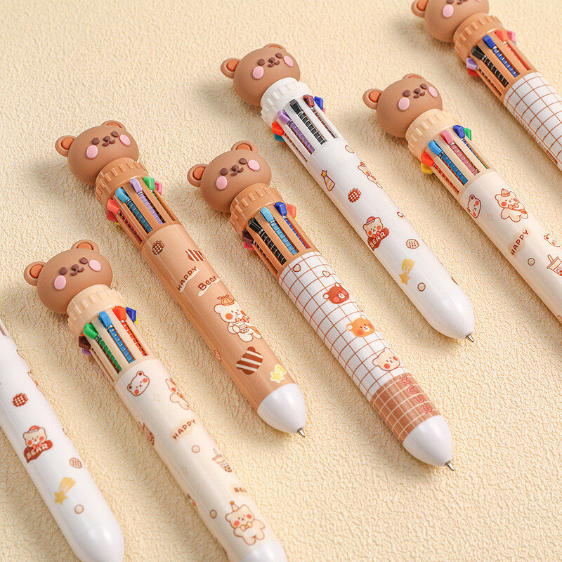 10 Color Ballpoint Pen Cartoon Bear 0.5mm Quick Drying Ink Gel Marking Key Manual Account Push Type Office Statistical Stationer