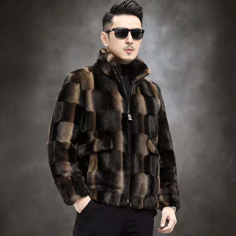2023 jesienno-zimowa męska moda prawdziwe futra z norek męska stójka ciepła kurtki futrzane męska prawdziwe futro krata odzież wierzchnia P465
