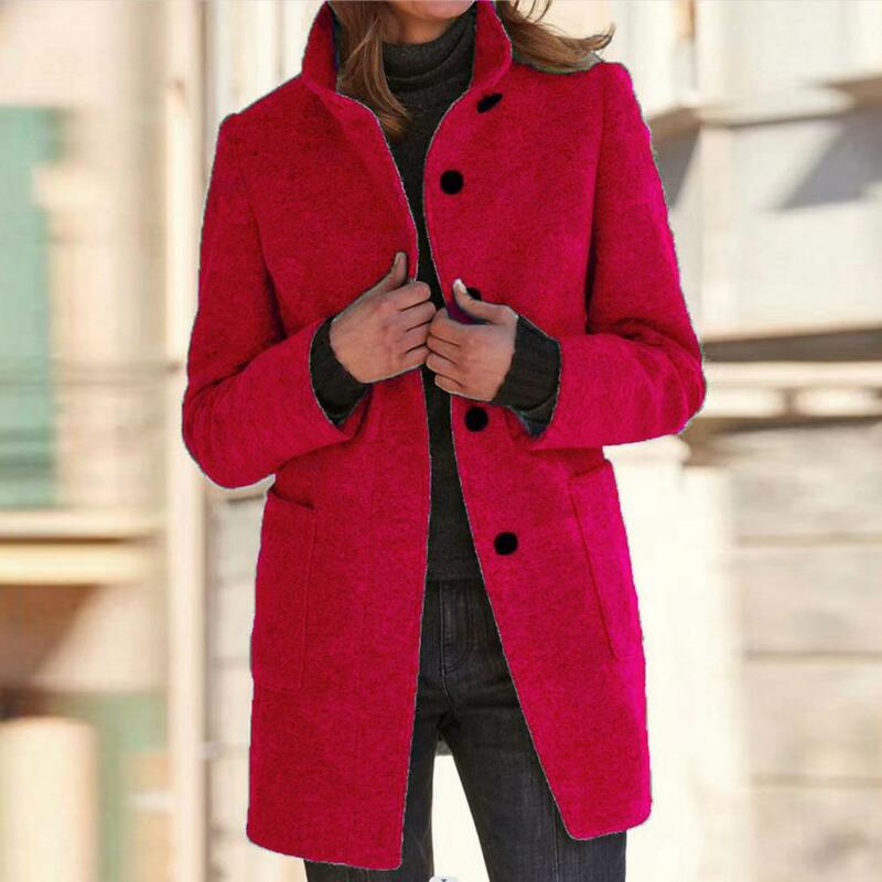 Chaqueta de Color liso para mujer, abrigo elegante con cuello levantado, suave, cálido, longitud media, sólido, para Otoño e Invierno