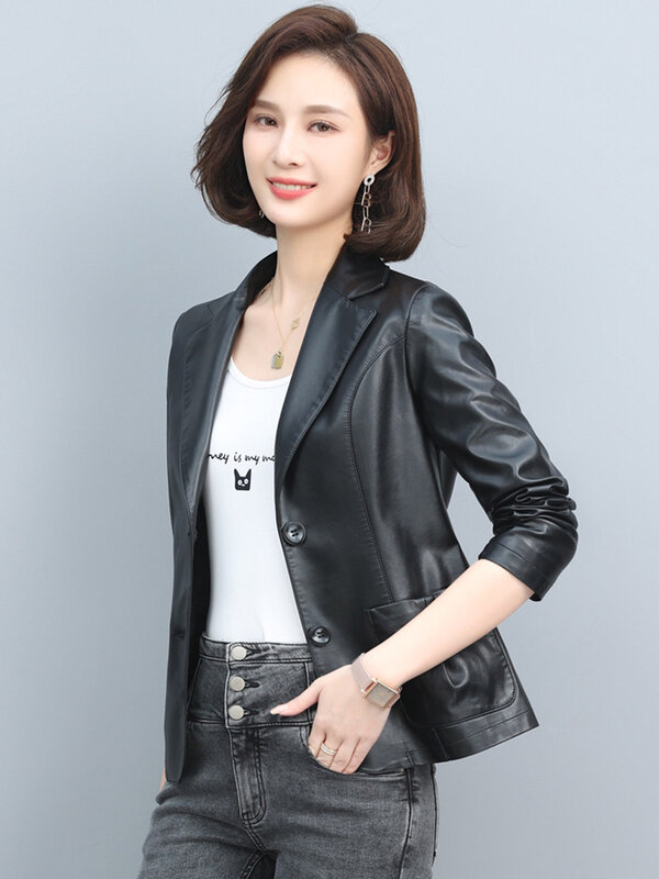 New Women Spring Autumn Leather Jacket Fashion Suit Collar Long Sleeve Slim Blazer Elegant Office Lady Short Coat Split Leather