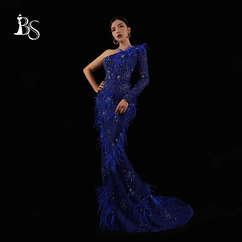Baisha-vestido de noche de sirena personalizado, hecho a mano con cuentas, hombro oblicuo, pelo de avestruz H703, vestidos de fiesta elegantes 2024 largos