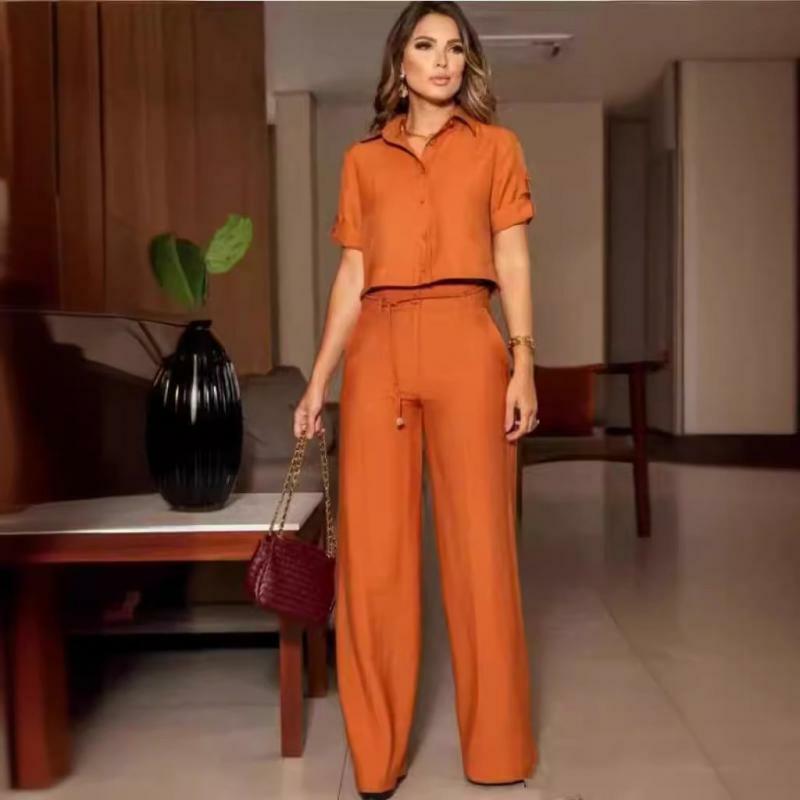 2024 Lapel Single Breasted V-Neck Short Top and Long Pants Two-Piece Solid Casual Sets for Woman Office Lady Women's Clothing