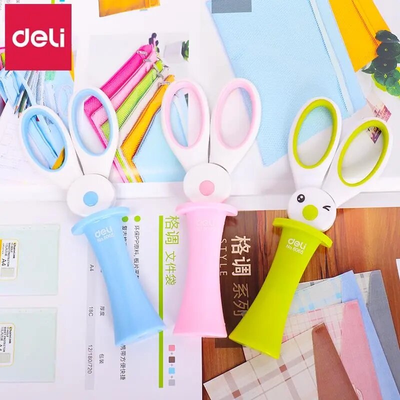 Deli Kawaii Rabbit-Tijeras de seguridad de acero inoxidable, herramienta de corte para manualidades de papel, suministros escolares de oficina, regalo de papelería para estudiantes