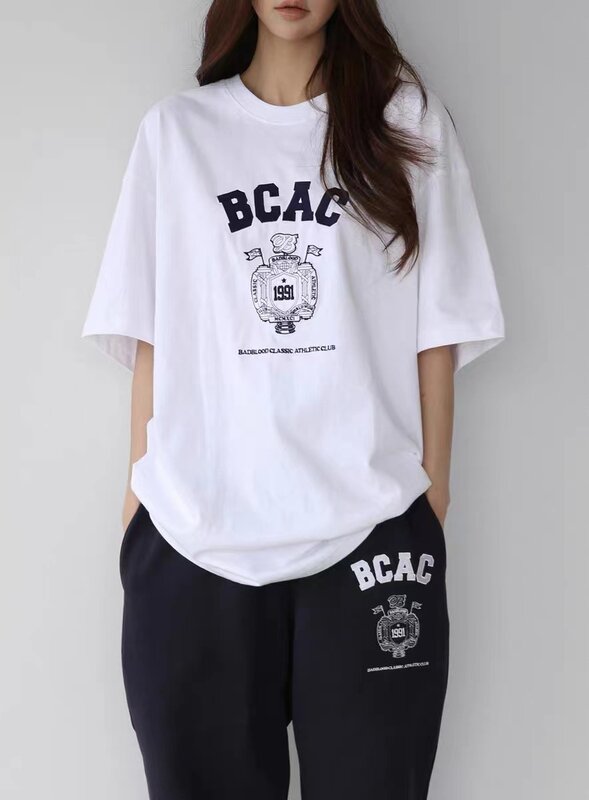 Camiseta de manga corta con letras bordadas BCAC para hombre y mujer, ropa deportiva informal, holgada, marca de moda, estilo de pareja