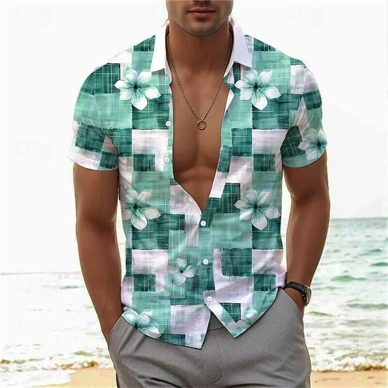 Camisa con estampado 3D de flores a cuadros para hombre, camisa de cuello tipo Polo a la moda, Playa hawaiana, ocio, ropa cómoda de manga corta, novedad de verano 2024