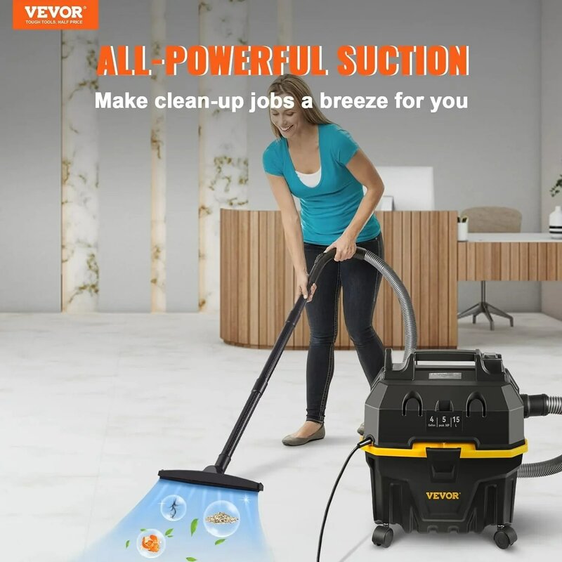 VEVOR Wet Dry Vacuum, 4 galony, 5 szczytowych HP, odkurzacz sklepowy 3 w 1 z funkcją wydmuchiwania Przenośne przystawki do czyszczenia podłóg| USA| NOWY