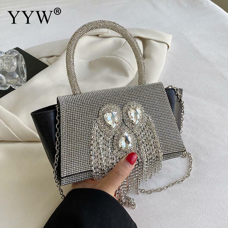 2023 Women'S Crystal Evening Bag Luxury Rhinestone Tassel Handbags Wedding Clutch Bag Banquet Party Purse Chain Shoulder Bag