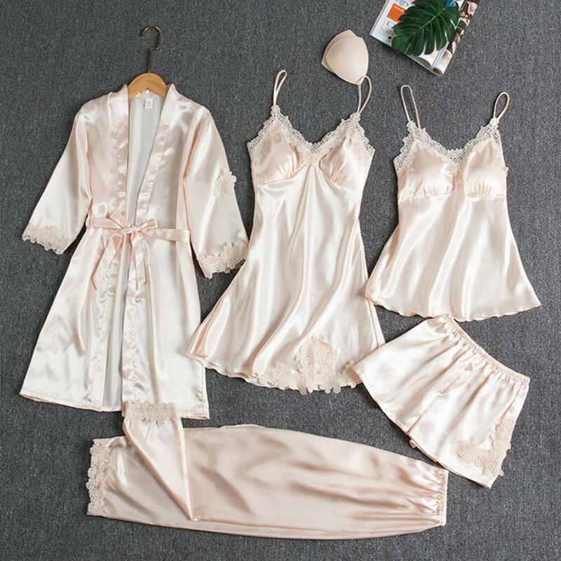 Conjunto pijama de renda cetim feminino, pijamas elegantes para conforto, retalho com cordões na cintura, detalhe, 5 peças