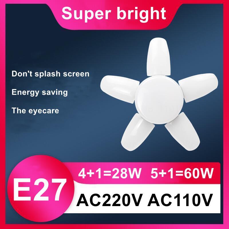 Bombilla LED plegable con temporizador para el hogar, lámpara de techo con control remoto, hoja de ventilador, E27, 220V, 110V, 60W