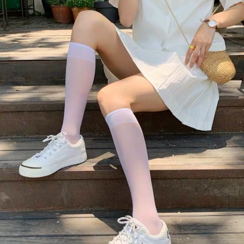 Kaus Kaki Panjang Perempuan Lolita Wanita Populer Stoking Seksi Elastis Tinggi Di Atas Lutut Buram Mode Hitam/Putih Stok Lutut Hangat