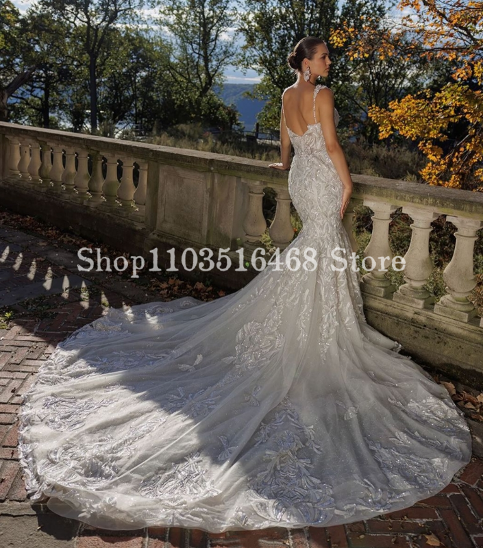 Vestido de noiva Halter nupcial querido, Elegante Applique prateado, Vestido longo personalizado da sereia, Vestido de casamento formal, 2024