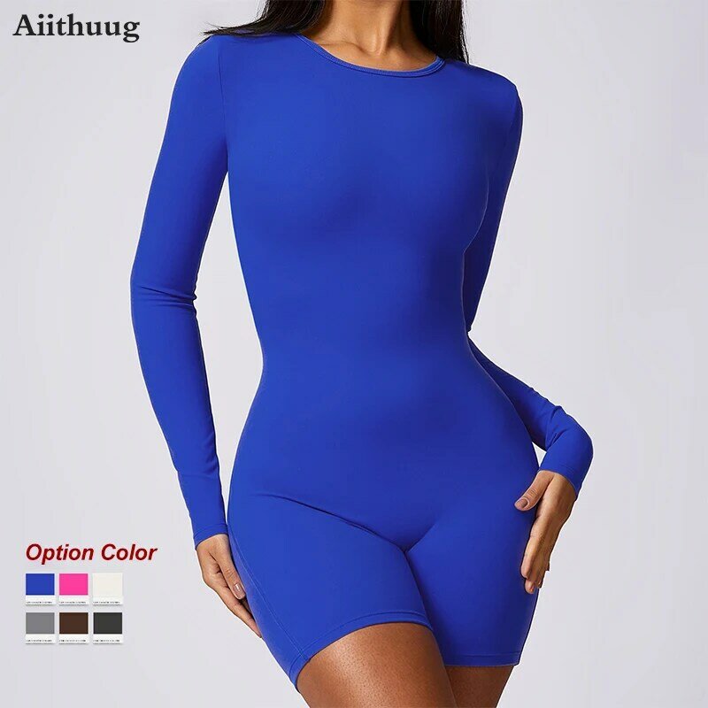Aiithuug Seamless One Piece Sexy Jumpsuits Long Sleeves Backless Workout Gym Bodysuit Shorts Tummy Control Scrunch Yoga Rompers