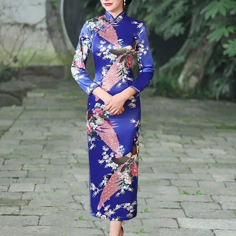 Vestido cheongsam retrô estilo nacional chinês feminino, estampa floral, gola em pé, qipao, divisão lateral alta, nó chinês, verão